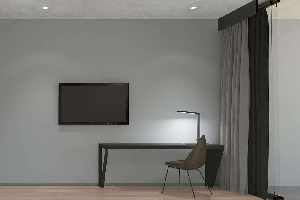 Crystalbrook Vincent Brisbane Quarto foto A room with a TV, a chair, a table, a curtain, and a lamp